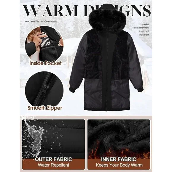 Women's Winter Warm Puffer Coat Thicken Parka Jacket with Removable Fur Hood, Wa